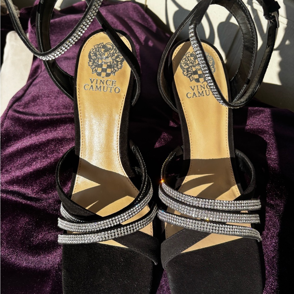 Vince Camuto Black Suede Rhinestone Ankle Straps Heels Festive Sexy Formal 9.5
